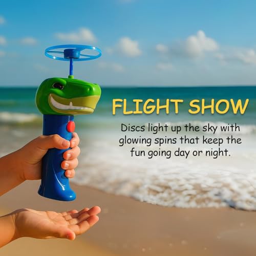 Spinz Night T-Rex Flying Disc Launcher, Light Up Propeller Outdoor Toy with Dinosaur Head and 2 Spinning Discs, Flies Over 30 Ft, 5+ Years - size: T-Rex