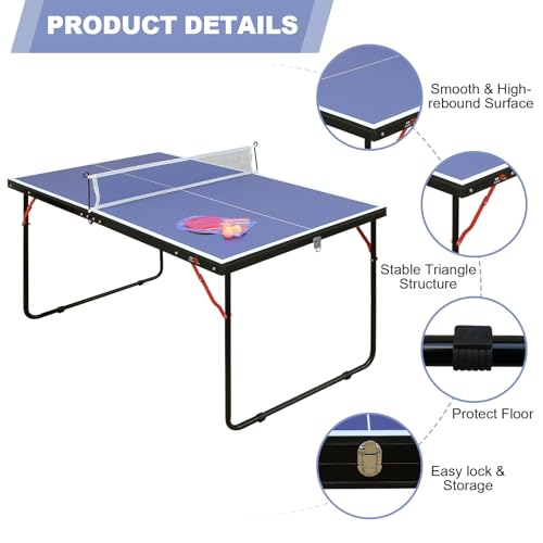 Mid Size Portable Ping Pong Table, 4ft Compact Foldable Table Tennis Table Set with Net, 2 Paddles 3 Balls for Indoor Outdoor, Small Spaces and Apartments, Thickened Aluminum Frame