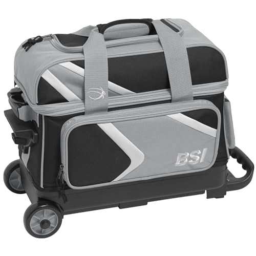 BSI Dash Roller Bowling Bag with Smooth Rolling Wheels, Padded Ball Compartment, Retractable Locking Handle, & Shoe Pocket - color: Black/Gray/White, style: Double