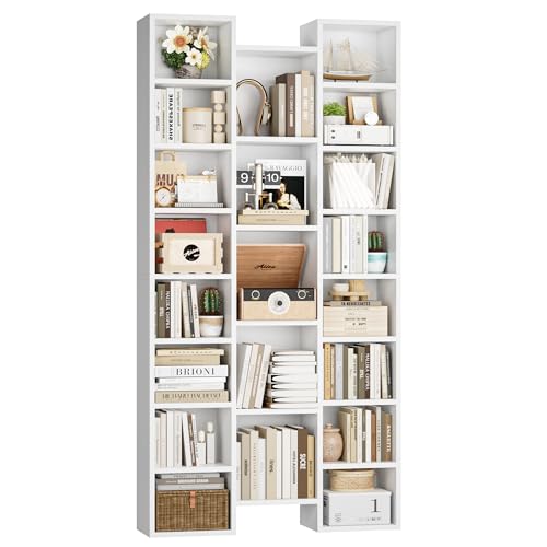 FOTOSOK 71'' White Bookshelf with 21 Cubes, 8 Tier Triple Wide Tall Bookshelf with 8 Adjustable Shelves, 35" Large Bookcase DVD/CD Media Tower Storage, Freestanding Display Shelf Cabinet, White - color: White