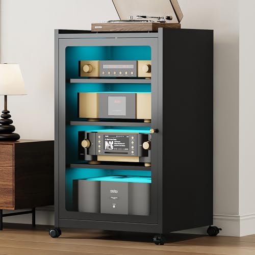 Media Cabinet with 13-Color LED Lights，Metal Stereo Cabinets with Glass Door & Adjustable Shelves, Media Storage Cabinet for Meeting, Living, Gaming, Recording Room, Black