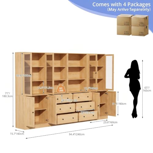 TUSY 71" H Bookshelf with Storage, 6-Tier Modern Bookshelves with 3 Large Drawer, Display Bookcase with Glass Doors, Modern 5-Tier Curio Cabinet for Home Office, Dining Room (Wood, ABBA) - color: Wood