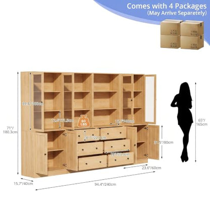 TUSY 71" H Bookshelf with Storage, 6-Tier Modern Bookshelves with 3 Large Drawer, Display Bookcase with Glass Doors, Modern 5-Tier Curio Cabinet for Home Office, Dining Room (Wood, ABBA) - color: Wood
