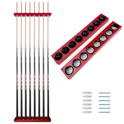 Pool Stick Holder Wall Mount, 8-Hole Metal Billiard Pool Cue Rack with Plastic Inserts, Heavy-Duty Wall-Mounted Cue Storage Pool Pool Accessories for Home Game Room, Bar, Man Cave (Red)