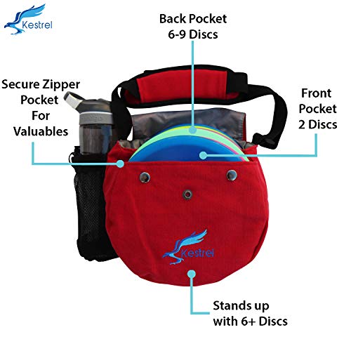 Kestrel Black Disc Golf Bag - Fits 6-10 Golf Discs + Bottle - For Beginner & Advanced Golfers - Extremely Durable Canvas - Frisbee Golf Bag - Small Sling/Shoulder Disc Golf Bag For Men & Women - color: Red