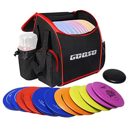 12 PCS Disc Golf Set with Bag Portable Disc Golf Backpack Holds 28+ Discs | Disc Golf Discs for Beginner with Putter, Midrange, Driver Free Stand Bag Design for Convenient Use - color: Red