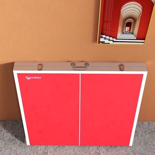 Mini Ping Pong Table Set for Outdoor and Indoor, Foldable Table TTable with Net, 2 Paddles, 3 Balls, Adjustable Feet, Easy Assembly, Red