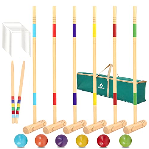 ApudArmis 32In Six Player Croquet Set with Deluxe Premiun Pine Wooden Mallets,Colored Ball,Wickets,Stakes - Lawn Backyard Game Set for Adults/Teens/Family (Large Carry Bag Including) - size: 32'' Regulation