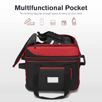 Single Roller Bowling Bag with Wheels, 1 Bowling Ball Bag with Separate Shoe Compartment and Retractable Handle Extends to 37.0 Inches, Padded Foam Ball Insert - color: Red
