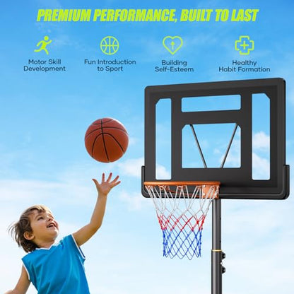 Asbest Kids Basketball Hoop Outdoor, 5.08-7 FT Adjustable Height, 32Inch Portable Basketball Hoop for Kids in Backyard, Driveway, Indoor, Shatterproof PC Backboard