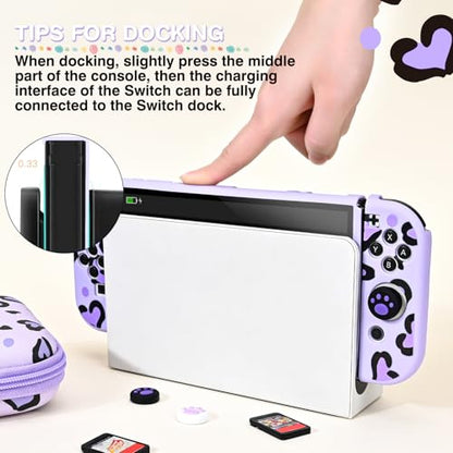 DLseego Love Leopard Carrying Case for Switch OLED 2021 Accessories Set, Portable Carrying Case with 1 Soft TPU Shell & 1PCS Plush Pendant & 12 Slots & 4PCS Cat Paw Thumb Grips Caps - Purple - color: Purple