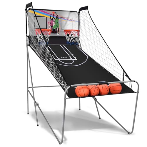 Giantex Foldable Basketball Arcade Game, 8 Game Options, Electronic Double Shot 2 Player w/ 4 Balls and LED Scoring System, Indoor Basketball Game for Kids, Adults, Black & Silver - color: Black & Silver