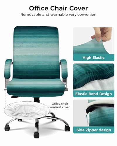 Turquoise Green Office Chair Cover with Armrest Covers, Gradient Marble Ocean Abstract Striped Universal Stretch Desk Rotating Chair Slipcovers, Removable Seat Protector with Zipper, L - color: Blue Green, size: Large & 2PCS Armrest Covers