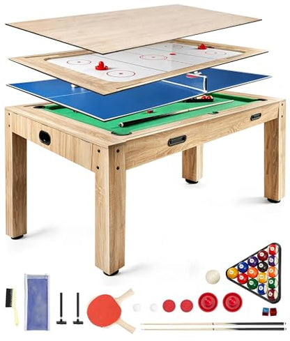 7FT 4-in-1 Multi Game Table, Combo Game Table with Billiards, Air Hockey, Ping Pong & Dining Table, Wood Game Room Table with All Accessories for Home, Family, Adults & Kids