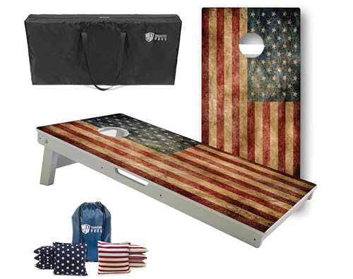 Tailgating Pros All-Weather Cornhole Boards - 4'x2' Weather Resistant Cornhole Set- Carrying Case & Set of 8 Corn Hole Bean Bags w/Tote Included - color: Distressed American Flag