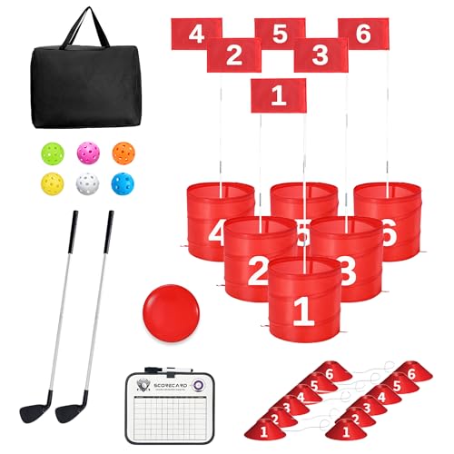 Golf Bucket Yard Game 6-Hole Set with 2 Clubs, Portable Outdoor Yard Game for Family and Adults, Golf Chipping Practice for Lawn, Beach, Camping, Park - 6 Holes