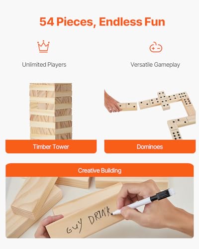 VEVOR Tumbling Timber Toy, 54 Blocks, Pine Wood Tumbling Tower Game with Storage Crate, Tumble Tower Blocks, Multiple Ways to Play Wooden Stacking Game for Indoor and Outdoor Family Gatherings
