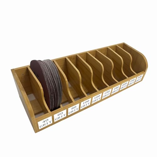 Bamboo Sandpaper Holder & Organizer - Pre-Assembled Storage for 5 Inch Sanding Discs, Sanding Blocks & Saw Blades | Compact & Durable Woodworking Tool Accessory (10 bins) - size: 10 bins