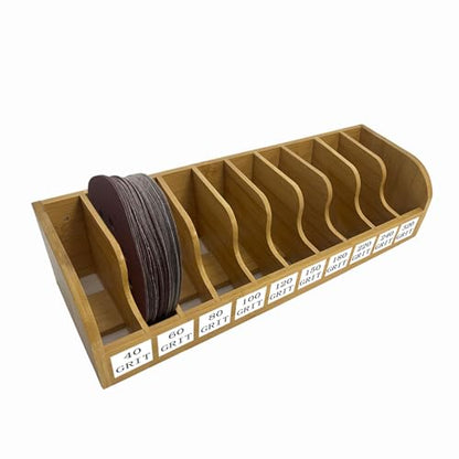 Bamboo Sandpaper Holder & Organizer - Pre-Assembled Storage for 5 Inch Sanding Discs, Sanding Blocks & Saw Blades | Compact & Durable Woodworking Tool Accessory (10 bins) - size: 10 bins