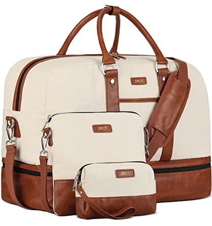 Weekender Bag for Women, Large Overnight Bag Canvas Travel Duffel Bag Carry On Tote with Shoe Compartment 21" 3Pcs Set - color: A01-brown+beige