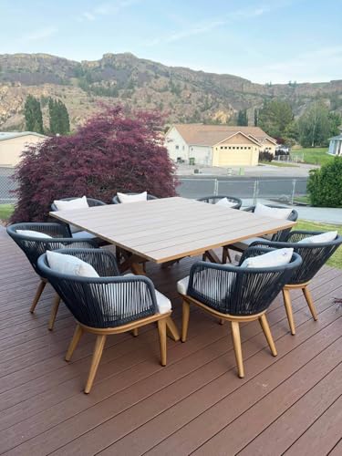 PURPLE LEAF 9 Pieces Outdoor Metal Furniture Set Patio Conversation Sets Wood Pattern Dining Set, 1 Dining Table and 8 Modern Chairs with Cushions Seat - color: Teak, size: 9 Pcs, style: Square