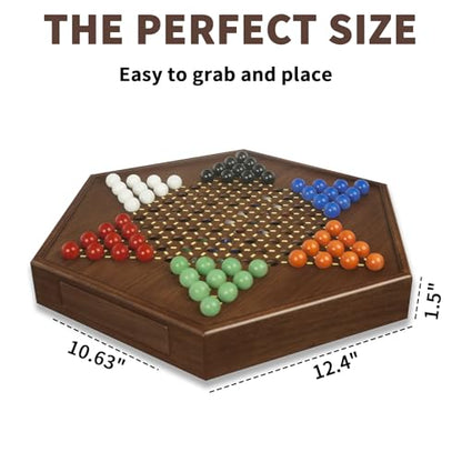 Chinese Checkers Board Game - 13” Large Wooden Checkers Game with Storage Drawer, 16mm Glass Marbles (60 + 12 Extras), Classic Family Strategy Game for 2-6 Players - size: 13"