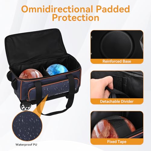 2 Ball Bowling Bag with Wheel,900D Oxford Waterproof PU,Dual Roller Bowling Bag with Sturdy Frame,Large Shoe Compartment Fits Up to Men’s 16,Rolling Bowling Tote, Handle Extends to 39.5" - color: Blue