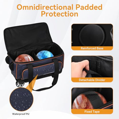 2 Ball Bowling Bag with Wheel,900D Oxford Waterproof PU,Dual Roller Bowling Bag with Sturdy Frame,Large Shoe Compartment Fits Up to Men’s 16,Rolling Bowling Tote, Handle Extends to 39.5" - color: Blue