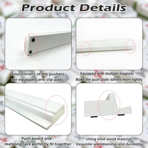 4 PCS Mahjong Racks with Pushers, White Wooden Mahjong Racks with Detachable Magnetic Pushers, Mahjong Tile Pushers and Racks, Includes Chips, Dice & Storage Bags, Mahjong Accessories (19.68 Inch) - color: White