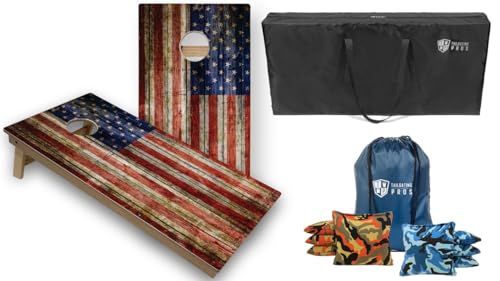 Tournament Grade Tailgating Pros American Flag Wooden Plank Design Cornhole Board Set w/Bean Bags and Carrying Case - 4'x2' Corn Hole Toss Game w/Built in Lights - color: Orange Camo / Blue Camo