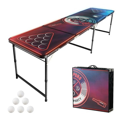 VEVOR 8 Foot Portable Beer Pong Table, LED Lights, Foldable Tailgate Desk with Carrying Handles and 6 Pong Balls, Adjustable Height, Lightweight, for Office, Tailgate Party, Travel & Camping