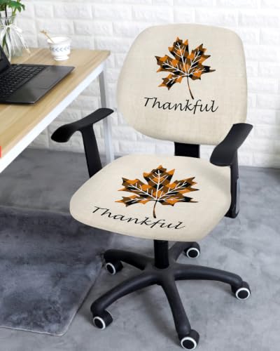 Savannan Office Chair Cover, Fall Maple Leaf Orange Buffalo Plaid Protective Stretch Elastic Universal Cover for Desk Task Chair,Computer Rotating Chair 1 Pcs Thanksgiving Thankful Quote