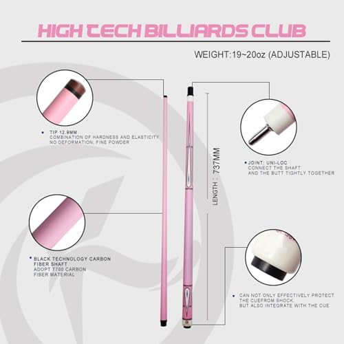 Carbon Fiber Pool Cue – 12.9mm, 14mm and 12.4mm, 2-Piece Billiard Cue Stick for Women/Men, Professional Break Cue for Snooker, 8-Ball, 9-Ball, Home & Club Use - color: Pink 2