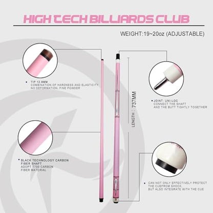 Carbon Fiber Pool Cue – 12.9mm, 14mm and 12.4mm, 2-Piece Billiard Cue Stick for Women/Men, Professional Break Cue for Snooker, 8-Ball, 9-Ball, Home & Club Use - color: Pink 2