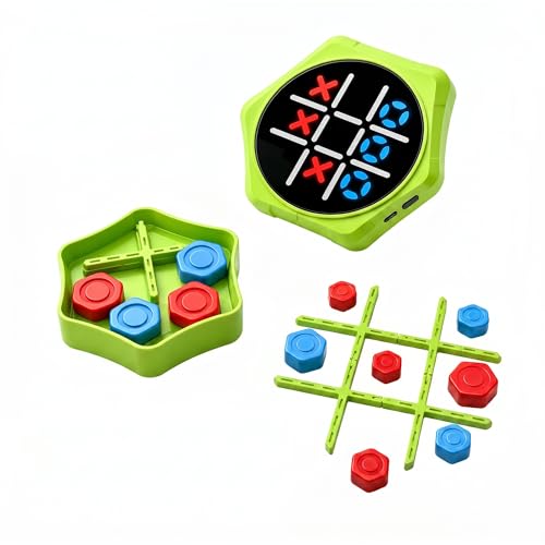 5-in-1 Electronic Tic Tac Toe Game for Kids - Rechargeable & Silent | Handheld Brain Teaser with Physical Board & Storage, Screen Free Travel Game for Car Ride Airplane, Gift for Teens Adults