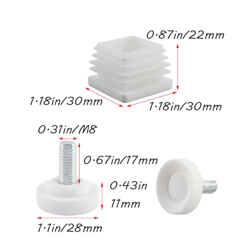 Antrader Home Office Table Desk Adjustable Leveling Feet,Plastic Metal Square Tube Insert Kit, 30mm x 30mm White, M8 Thread 28mm Base Diameter, 12 Sets - color: White,d28xm8, size: 30x30mm