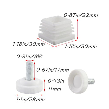 Antrader Home Office Table Desk Adjustable Leveling Feet,Plastic Metal Square Tube Insert Kit, 30mm x 30mm White, M8 Thread 28mm Base Diameter, 12 Sets - color: White,d28xm8, size: 30x30mm