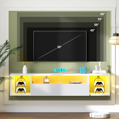 55" White TV Gaming Console with LED Lights 4 Controller Hooks 2 Headphone Hooks, Hidden Storage Cabinet, 30KG Top Load Capacity