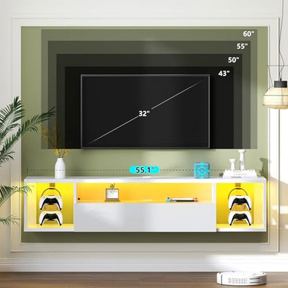 55" White TV Gaming Console with LED Lights 4 Controller Hooks 2 Headphone Hooks, Hidden Storage Cabinet, 30KG Top Load Capacity