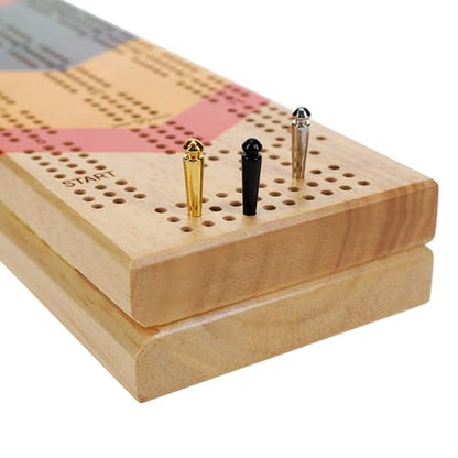 Pacific Shore Games Canoe Cribbage Board Game Set, Cheveron Nautical Print, Continuous 3 Track Travel Cribbage Boards Unique, Wooden Board Games for Adults, 9 Metal Cribbage Pegs, 12 Inches - style: Chevron