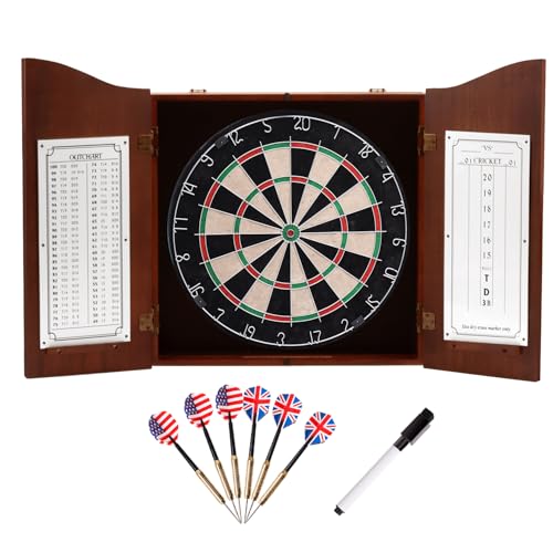 GSE Games & Sports Expert Professional Solid Wood Classic Dartboard Cabinet with Sisal/Bristle Dartboard, Scoreboard, and 6 Steel Tip Darts, Easy Assembly Complete with All Accessories (Deluxe Walnut)