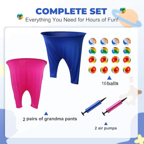 Granny Pants Yard Game,Granny Pants Outdoor Game,2pcs Giant Oversized Granny Funny Pants Set with 16 Bouncy Balls and 2 Pump for Family Reunion Games, Backyard Gatherings Team (Blue+Redw)