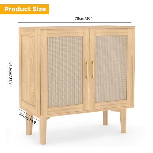 Buffet Sideboard Storage Cabinet with Rattan Decor Doors Solid Wood Feet, Multifunctional Accent Unit with Spacious Tabletop and Inner Shelves for Dining Room Kitchen - Easy Assembly