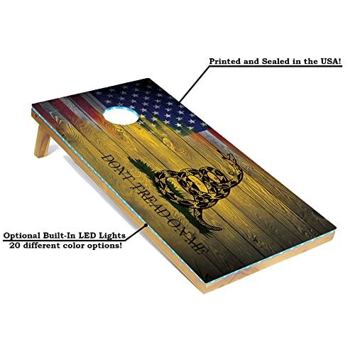 Tailgating Pros Cornhole Boards - 4'x2' Regulation Boards w/Carrying Case, Score Keeper, & Set of 8 Corn Filled Bags w/Tote - size: 4'x2' Boards w/ LED Ring Lights, style: US/Gadsden Flag