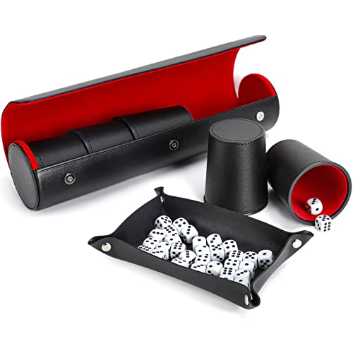 Party Games Leather Dice Cup Set, 5 Dice Cups+25 Dice+1 Folding Tray Exclusive Storage and Transport Case Made of Faux - color: 5xred Black+folding Tray