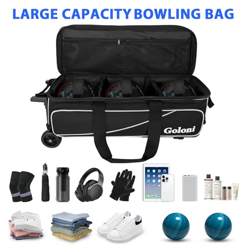 Goloni 3 Ball Bowling Bag with Wheels, Rolling Bowling Roller Bag with Retractable Handle for Balls & Bowling Accessories - color: 3 Ball-Black