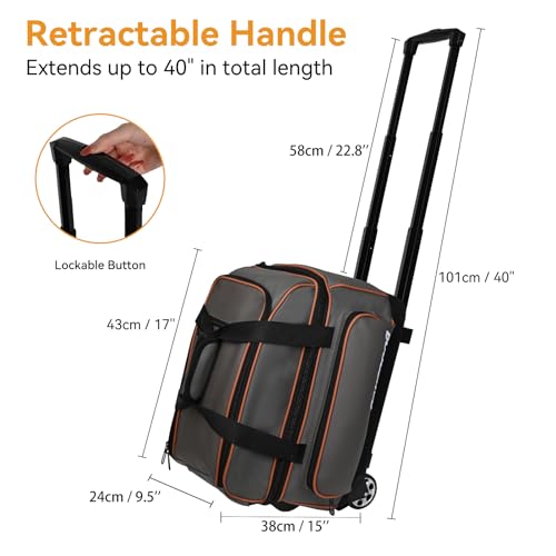 2 Ball Bowling Bag with Wheel,900D Oxford Waterproof PU,Dual Roller Bowling Bag with Sturdy Frame,Large Shoe Compartment Fits Up to Men’s 16,Rolling Bowling Tote, Handle Extends to 39.5" - color: Grey