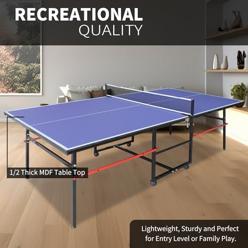 8ft Table Tennis Table Foldable, Outdoor Ping Pong Table Weatherproof, Portable Ping Pong Table Set with Net, 2 Table Tennis Paddles 3 Balls, Folding Ping Pong Tables, Table Tennis Equipment, Blue