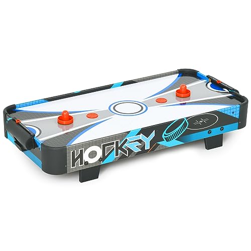 Table Top Air Hockey Table for Kids, 32” Mini Tabletop Air Hockey Game w/Electric Motor Fan, 2 Pushers and 2 Air Hockey Pucks, Great for Playing on The Floor, Tabletop (Blue & Gray)