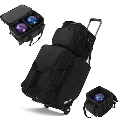 Bowling Roller Bag with Wheels, Rolling Bowling Ball Bag with Shoe Compartment, Retractable Handle, EVA Dividers - color: Black, size: Bowling Bag Set